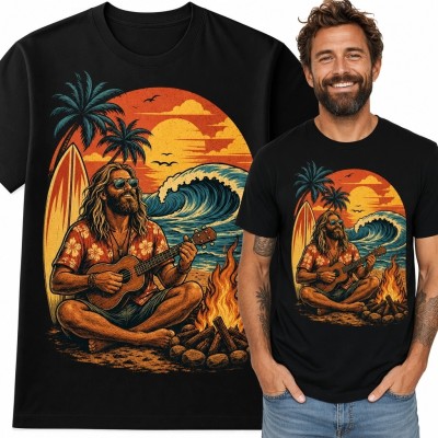 Koszulka męska - surfer z ukulele przy ognisku na tropikalnej plaży