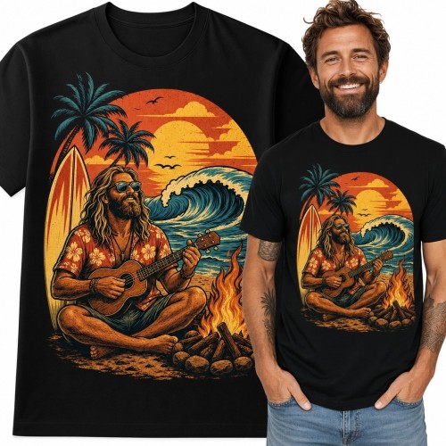 Koszulka męska - surfer z ukulele przy ognisku na tropikalnej plaży
