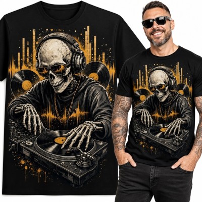 Koszulka męska ze szkieletem DJ-a, winylami i gramofonami - mroczny wzór muzyczny