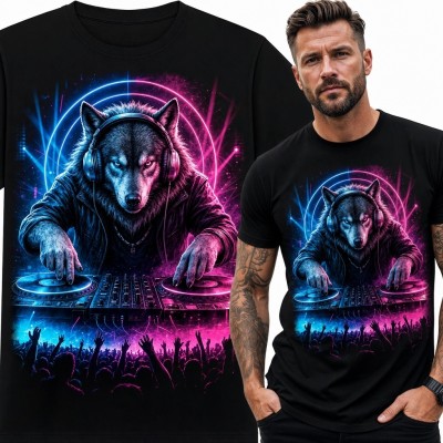 Koszulka męska z neonowym wilkiem-DJ - klubowy motyw
