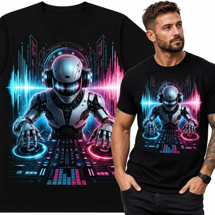 Koszulka męska z neonowym robotem DJ-em - cyberpunk i muzyka elektroniczna