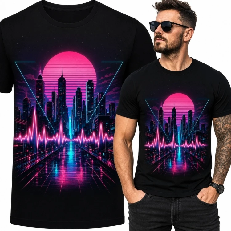 Koszulka męska z neonowym miastem - synthwave i fala dźwiękowa
