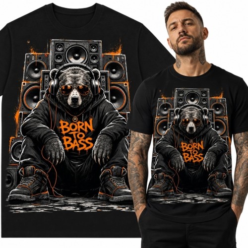 Koszulka męska z niedźwiedziem i głośnikami „Born to Bass” - dla fana basu