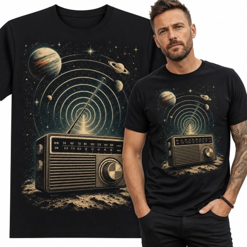 Koszulka męska z retro radiem w kosmosie - analogowe fale i planety
