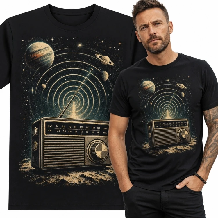 Koszulka męska z retro radiem w kosmosie - analogowe fale i planety