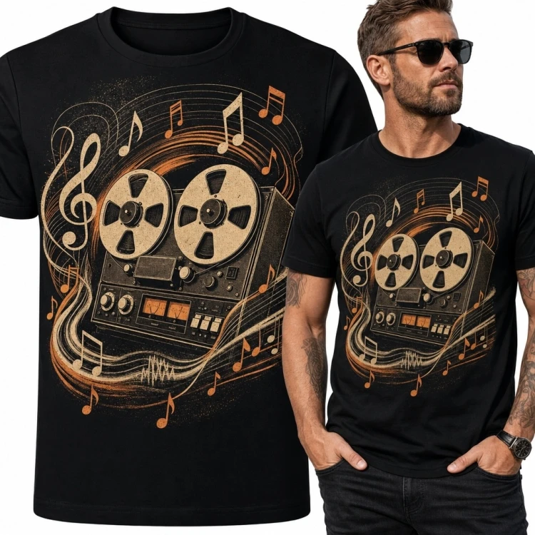 Koszulka męska z magnetofonem szpulowym - muzyczny wzór retro
