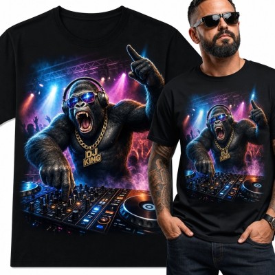 Koszulka męska z gorylem DJ-em „DJ King” - neonowy wzór klubowy