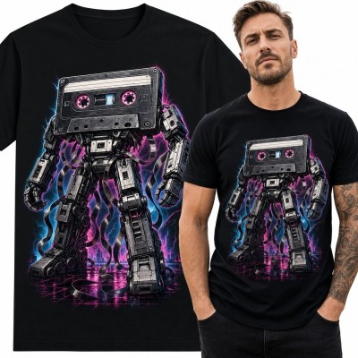 Koszulka męska z neonowym robotem o głowie kasety magnetofonowej - cyberpunk