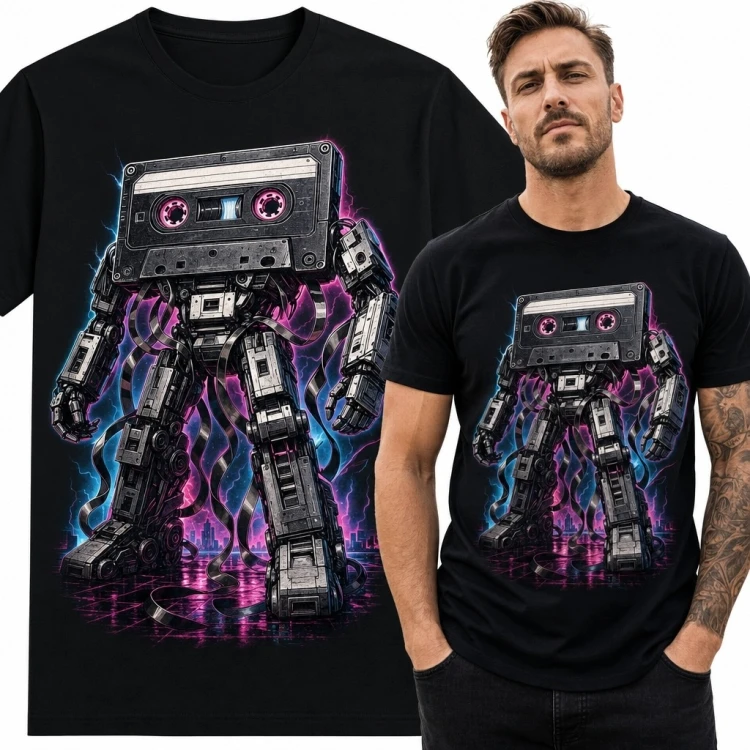 Koszulka męska z neonowym robotem o głowie kasety magnetofonowej - cyberpunk