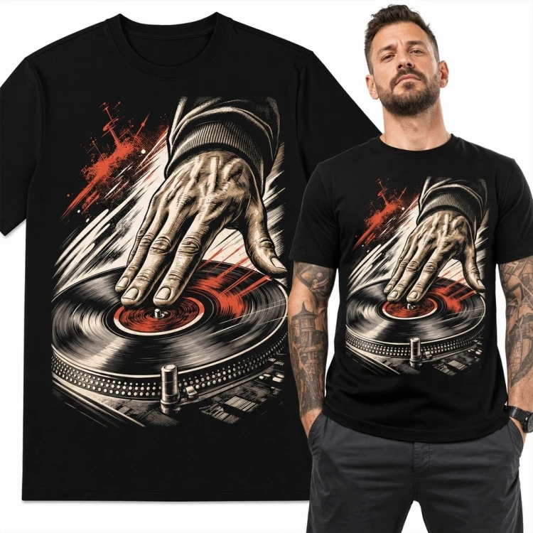 Koszulka męska z dłonią DJ-a scratchującą winyl - muzyczny streetwear