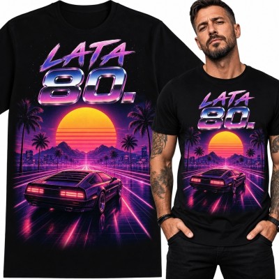 Koszulka męska „Lata 80.” z neonowym autem - synthwave