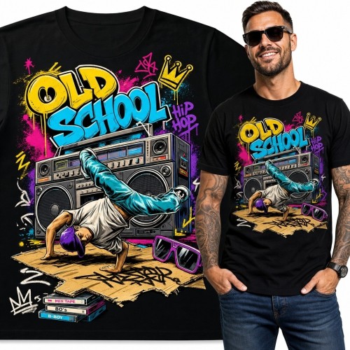Koszulka męska z breakdancerem i boomboksem „Old School” - hip-hop retro