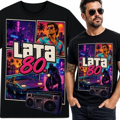 Koszulka męska „Lata 80.” - neonowy kolaż retro synthwave