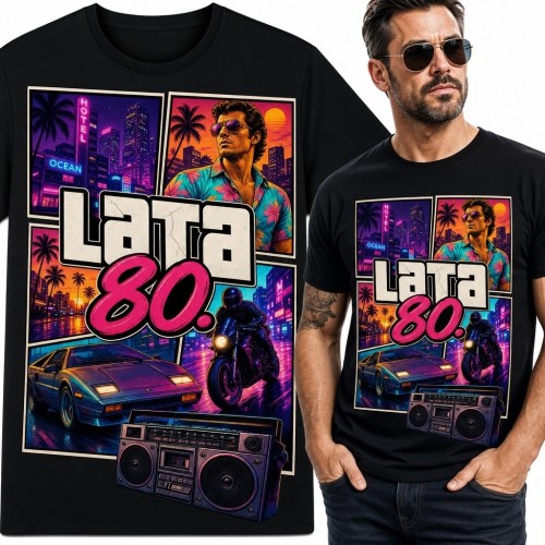 Koszulka męska „Lata 80.” - neonowy kolaż retro synthwave
