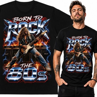 Koszulka męska z gitarzystą „Born to Rock” i „The 80s” - rock lat 80