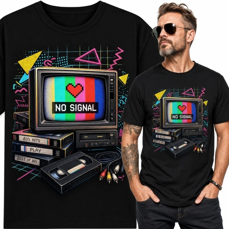 Koszulka męska retro z telewizorem CRT „No Signal” - motyw VHS lat osiemdziesiątych