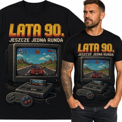 Koszulka męska retro gaming z konsolą i napisem „Lata 90. Jeszcze jedna runda”