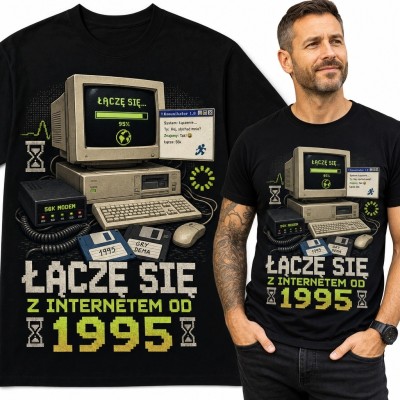 Koszulka męska z retro komputerem - „Łączę się z internetem od 1995”