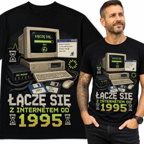 Koszulka męska z retro komputerem - „Łączę się z internetem od 1995”