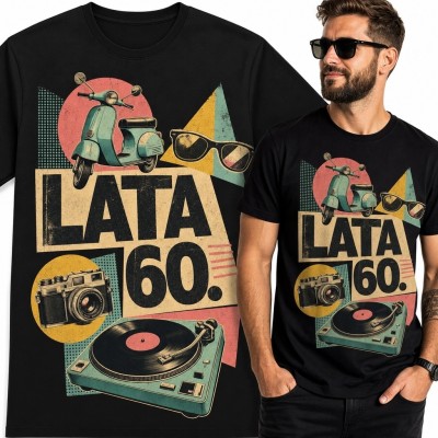 Koszulka męska retro „Lata 60.” - skuter, aparat i gramofon