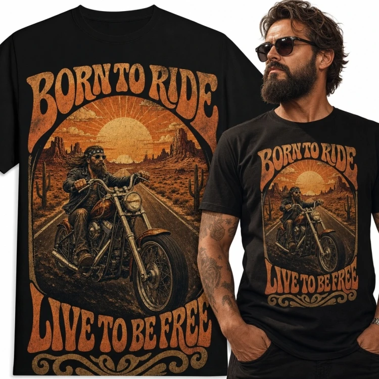 Koszulka męska dla motocyklisty „Born to Ride” - klasyczny motocykl retro