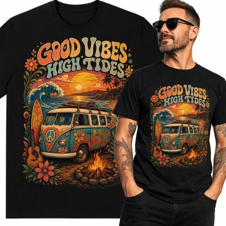 Koszulka męska z vanem surferskim „Good Vibes High Tides” - retro surf