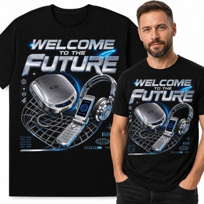 Koszulka męska z elektroniką retro Y2K „Welcome to the Future”