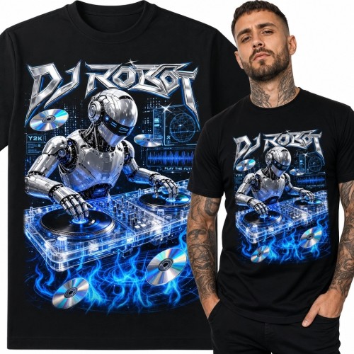 Koszulka męska z robotem DJ i napisem „DJ Robot” - styl Y2K