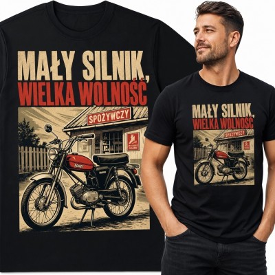 Koszulka męska z motorowerem Romet „Mały silnik, wielka wolność” - retro PRL