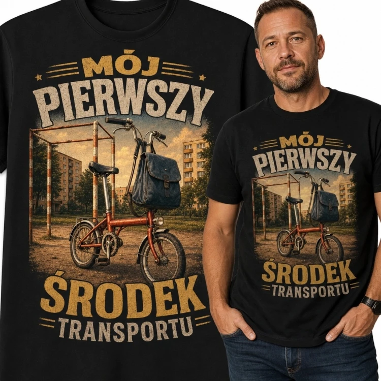 Koszulka męska ze składanym rowerem „Mój pierwszy środek transportu” - styl retro