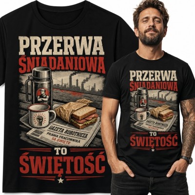 Koszulka męska z nadrukiem „Przerwa śniadaniowa to świętość” - retro humor pracowniczy