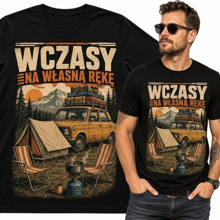 Koszulka męska z autem terenowym i kempingiem „Wczasy na własną rękę”