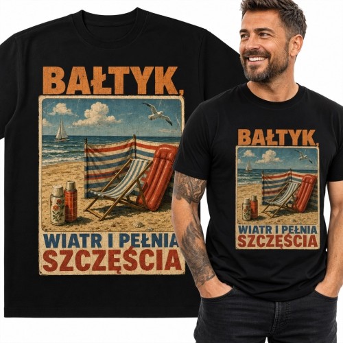Koszulka męska retro z plażą „Bałtyk - wiatr i pełnia szczęścia”