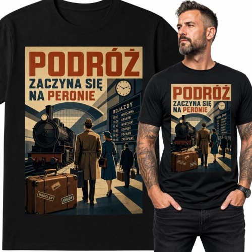 Koszulka męska z parowozem „Podróż zaczyna się na peronie” - kolejowe retro