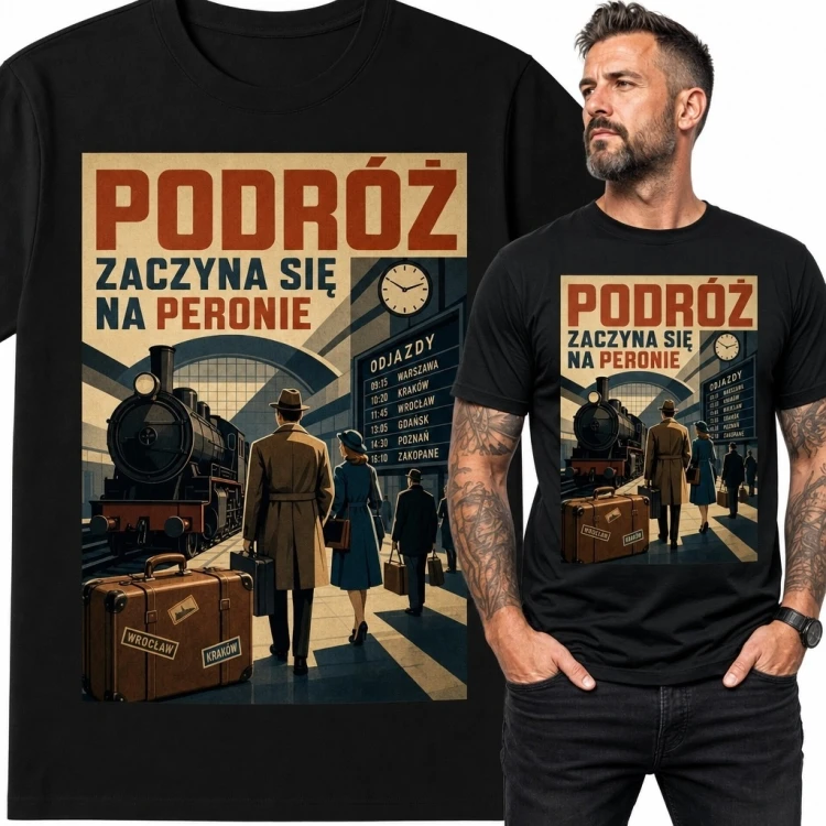Koszulka męska z parowozem „Podróż zaczyna się na peronie” - kolejowe retro