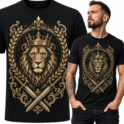 Koszulka męska z koronowanym lwem - złocisty motyw heraldyczny
