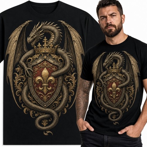 Koszulka męska ze smokiem i ukoronowaną tarczą heraldyczną - mroczne fantasy