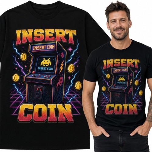 Koszulka męska dla gracza z automatem arcade „Insert Coin” - retro gaming