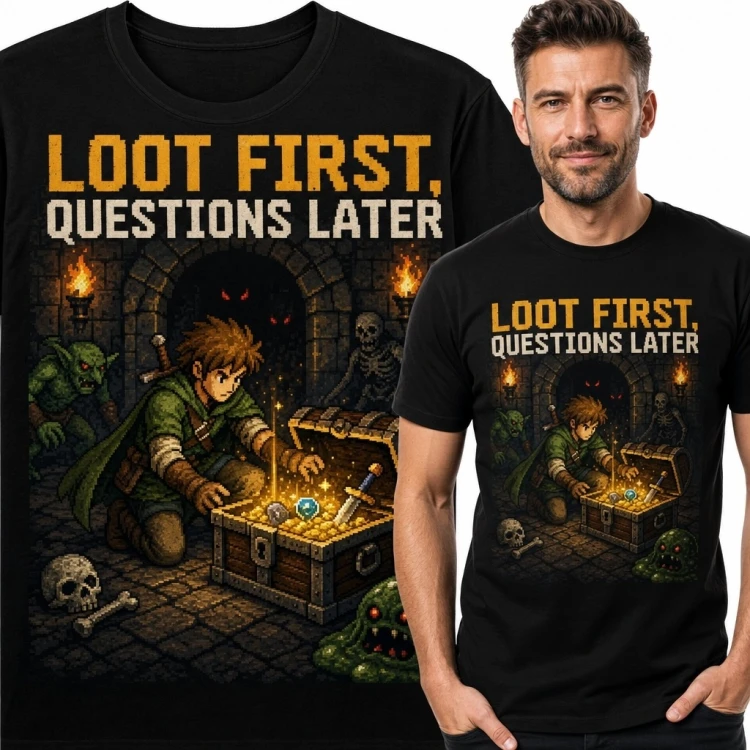 Koszulka męska dla gracza RPG „Loot First, Questions Later” - loch fantasy