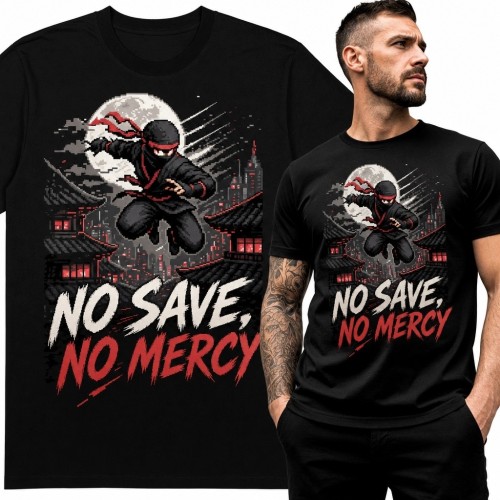 Koszulka męska z ninja i napisem „No Save, No Mercy” - japoński motyw