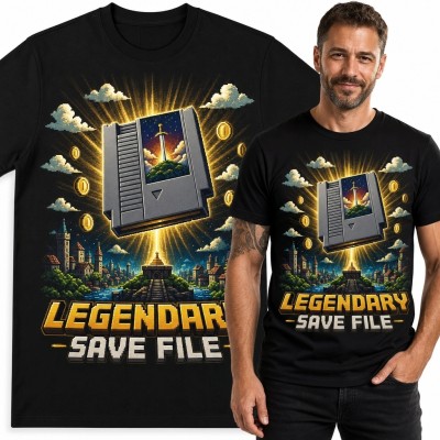 Koszulka męska retro gaming „Legendary Save File” - kartridż i miecz fantasy