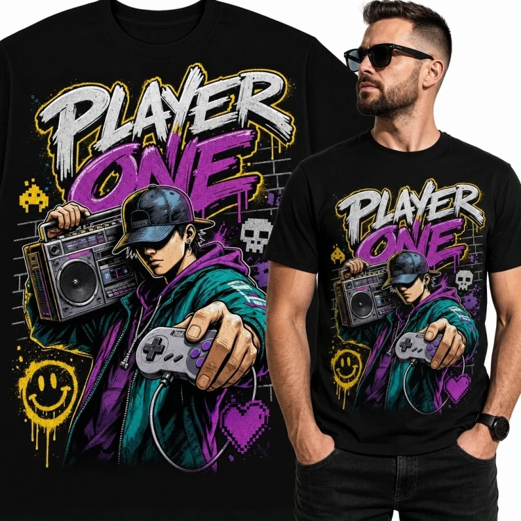 Koszulka męska „Player One” z graczem i padem - retro gaming graffiti
