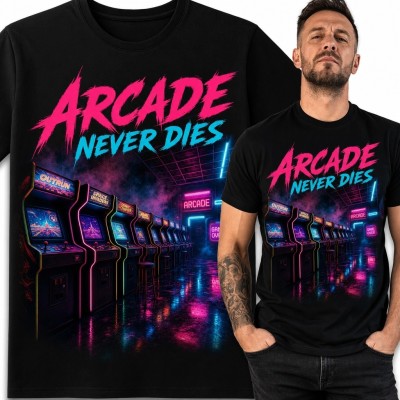 Koszulka męska retro arcade „Arcade Never Dies” - neonowe automaty do gier