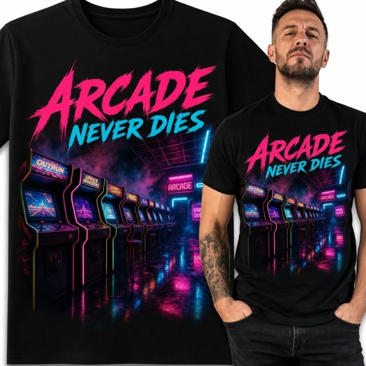 Koszulka męska retro arcade „Arcade Never Dies” - neonowe automaty do gier