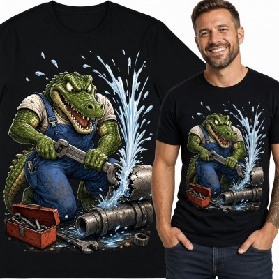 Koszulka męska z krokodylem hydraulikiem - humorystyczny wzór dla fachowca