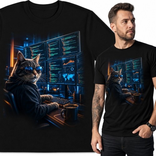 Koszulka męska z cyberpunkowym kotem-programistą - neonowy motyw IT
