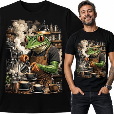 Koszulka męska z żabą baristą i kawowym nadrukiem retro