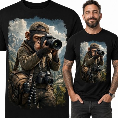Koszulka męska z szympansem fotografem w górach