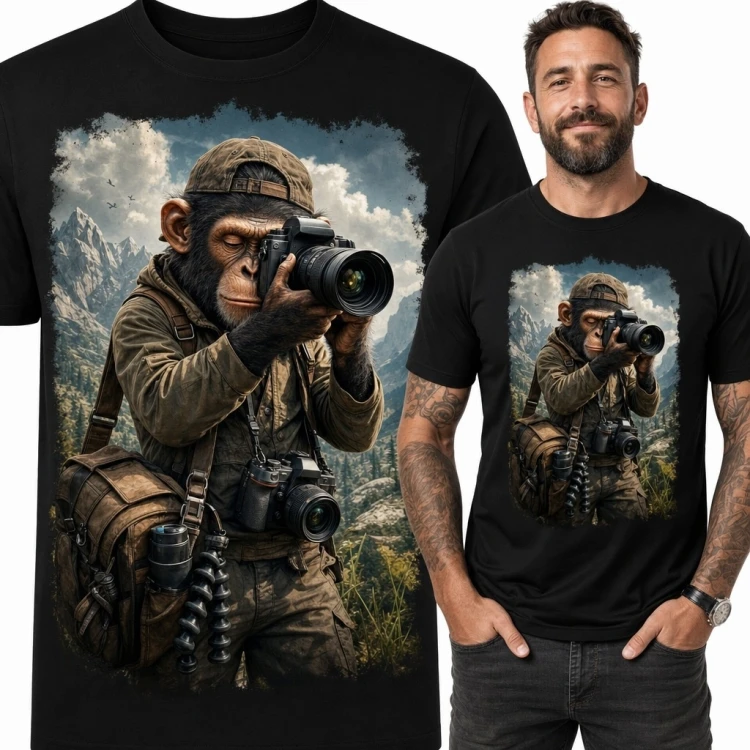 Koszulka męska z szympansem fotografem w górach