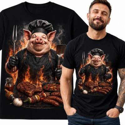 Koszulka męska ze świńskim mistrzem grilla - ognisty motyw barbecue